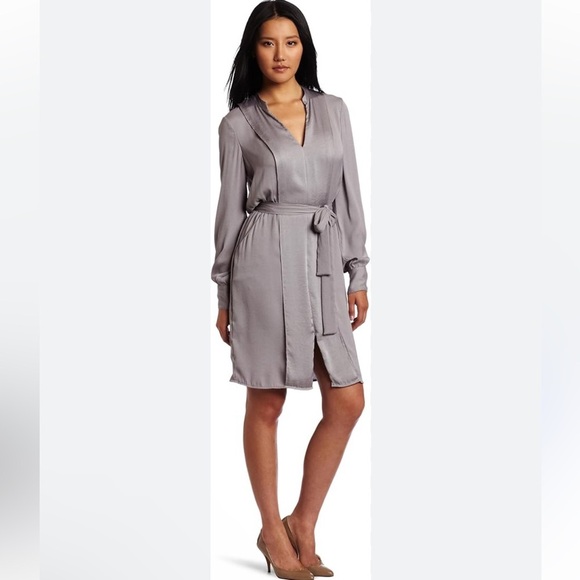 BCBGMaxAzria Charlene Gray Long Sleeve Dress - VNeck - XS - Satin feel - pockets - Picture 1 of 10